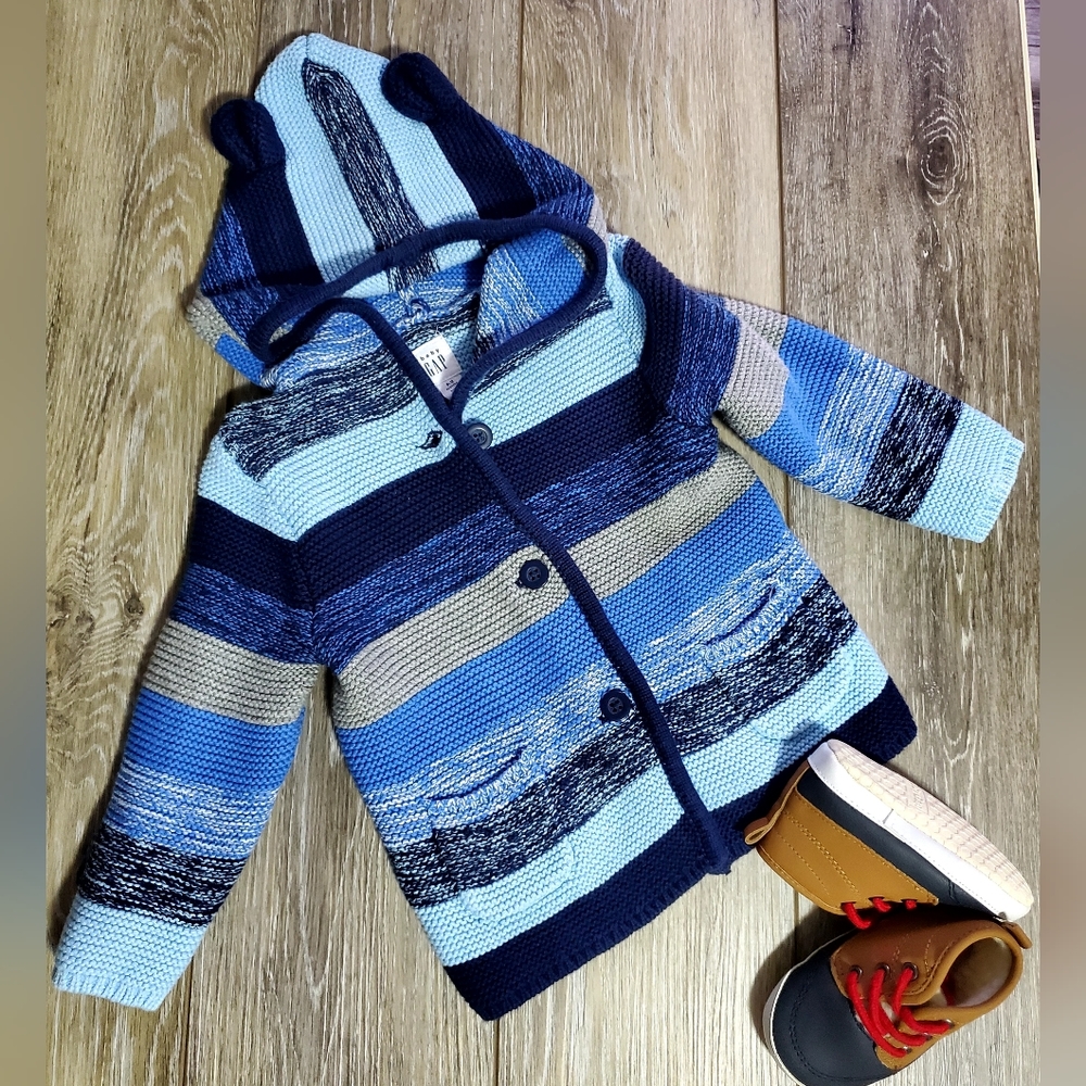 Baby Gap blue,tan multi-striped, hooded(ears) cardigan Size 6-12 mos